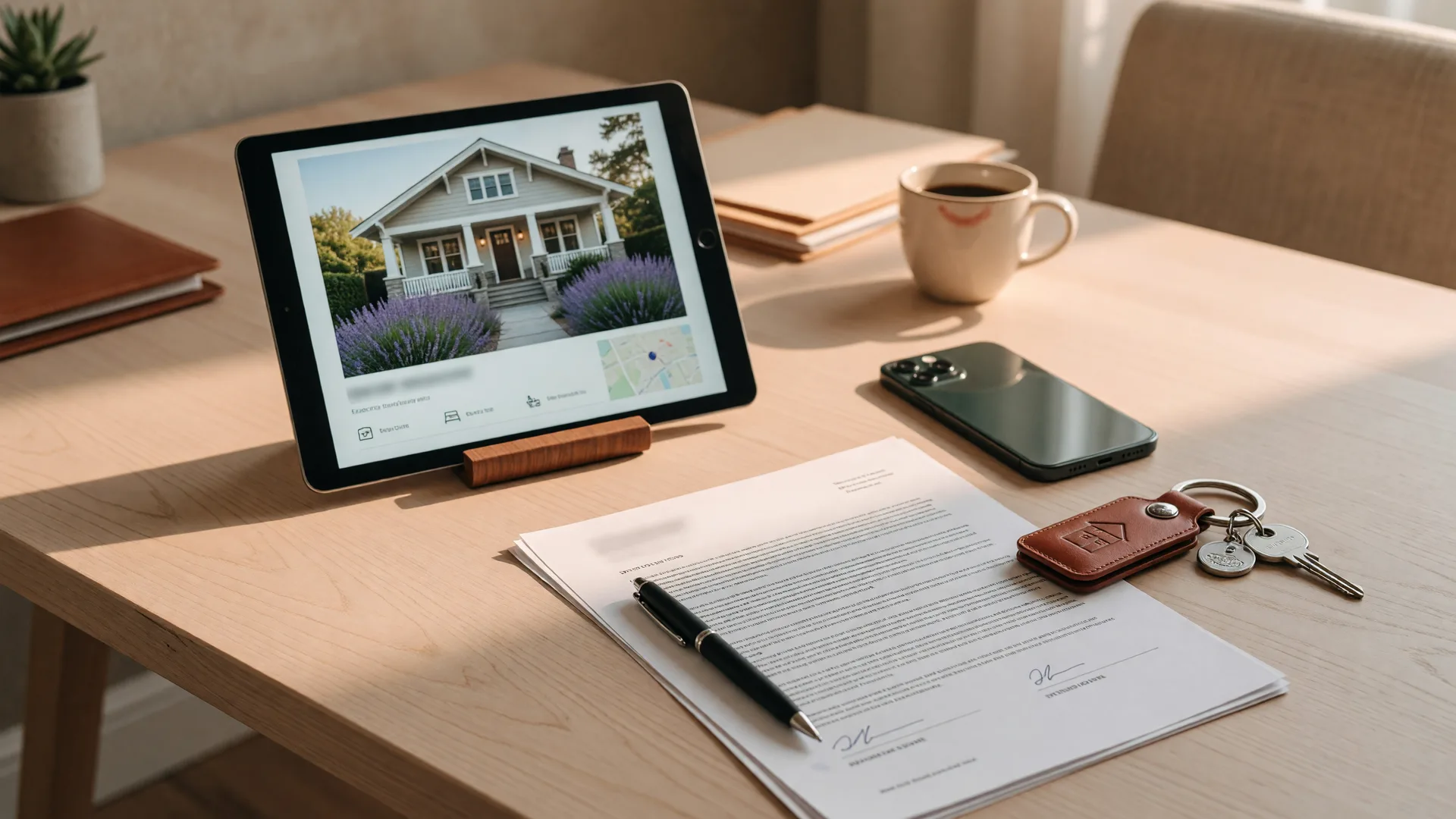 Real estate agent desk with a tablet showing a property listing, contract, and smartphone
