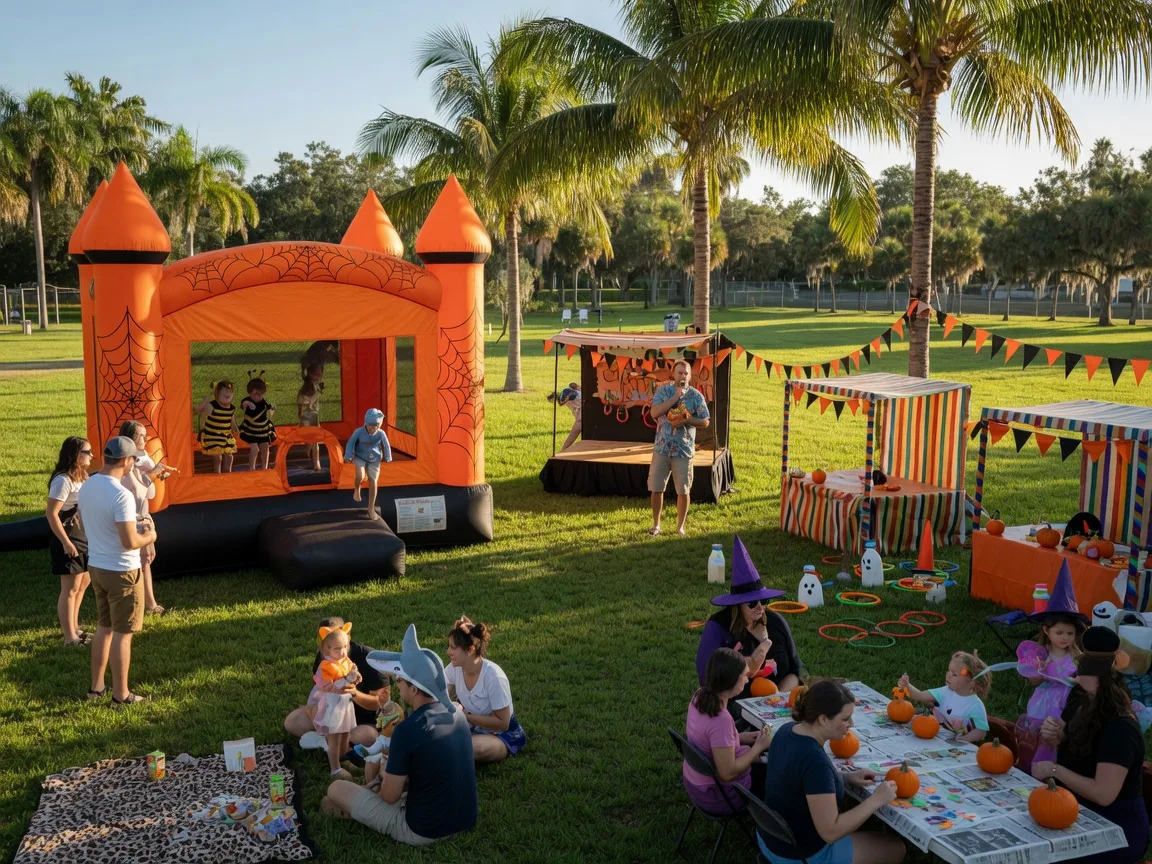 A cheerful Halloween family festival at a sunny Florida community park with a bounce house, game booths, families in light costumes, and palm trees in late afternoon light