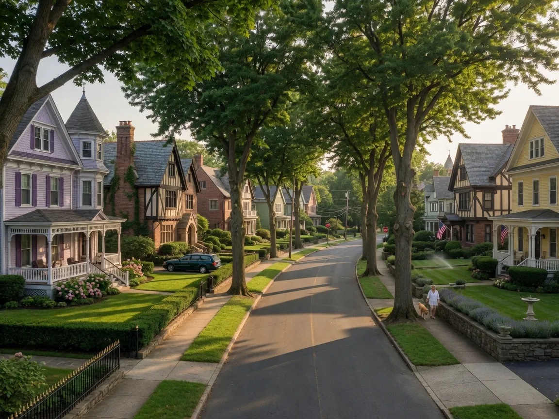 Tree-lined street in Upper Montclair NJ with grand Victorian and Tudor revival homes, manicured lawns, mature shade trees, and warm golden-hour summer light