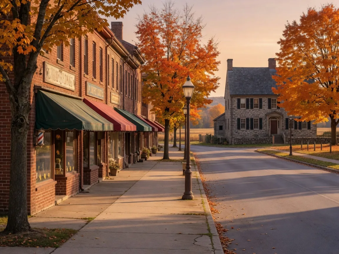 A historic Pennsylvania main street lined with brick storefronts in golden autumn light