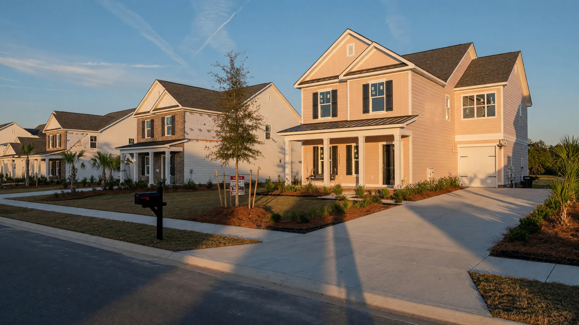 A brand-new single-family home in a master-planned Lowcountry community at golden hour, with fresh landscaping and a clear sky