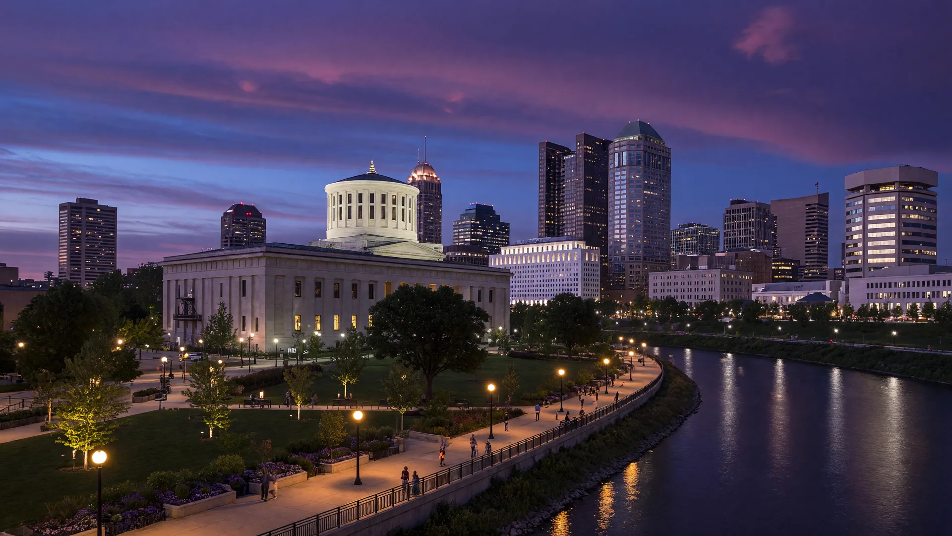 Downtown Columbus Ohio skyline at dusk with the Ohio Statehouse