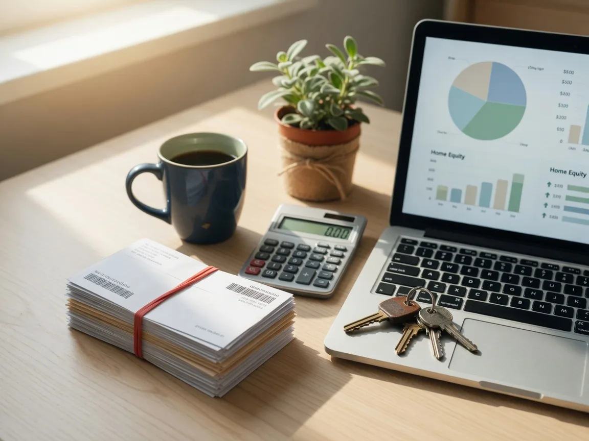 A tidy kitchen table with a stack of paid-off credit card statements, a calculator, a laptop showing a finance dashboard, and house keys, representing a family consolidating debt with home equity