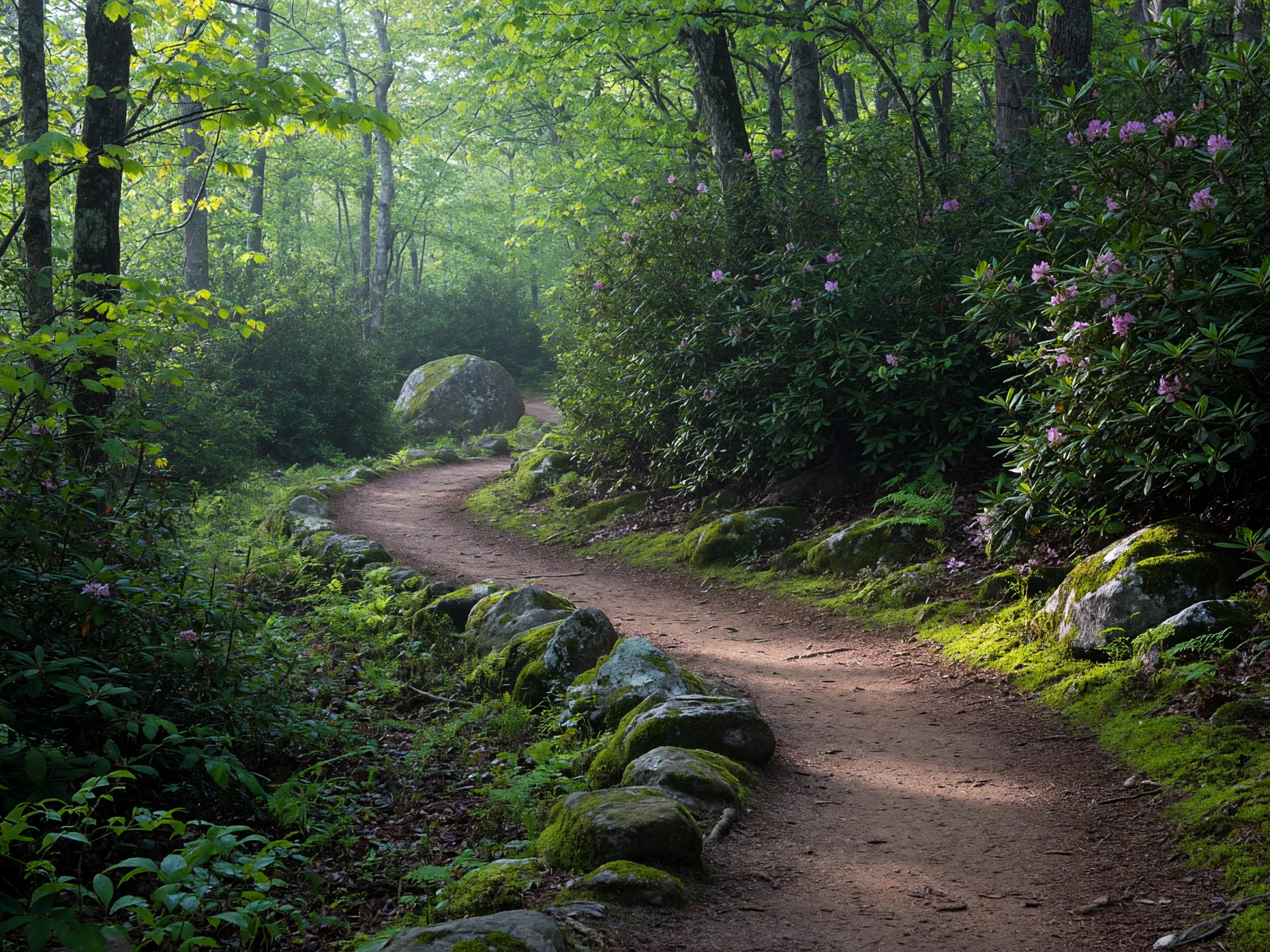 A winding singletrack trail curving between mossy boulders and rhododendron