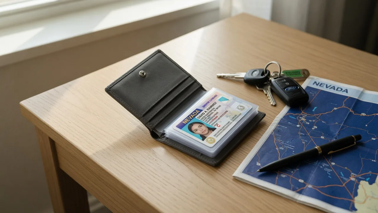 Gray wallet holding a driver's license card beside car keys and a road map on a light desk.