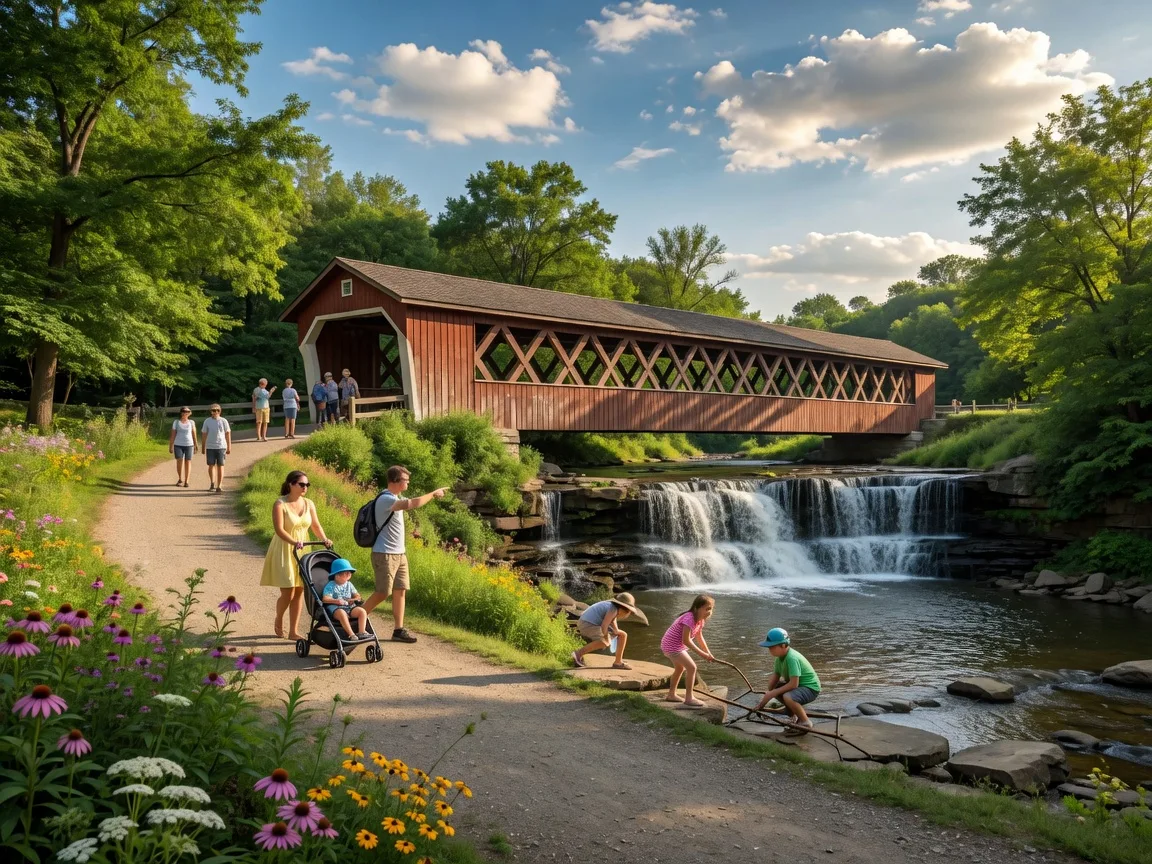 Heritage Falls Park covered bridge and waterfall in Olmsted Falls, Ohio