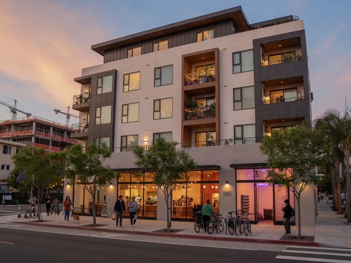 Modern mixed-use building in San Diego's East Village with street-level retail and residential units above