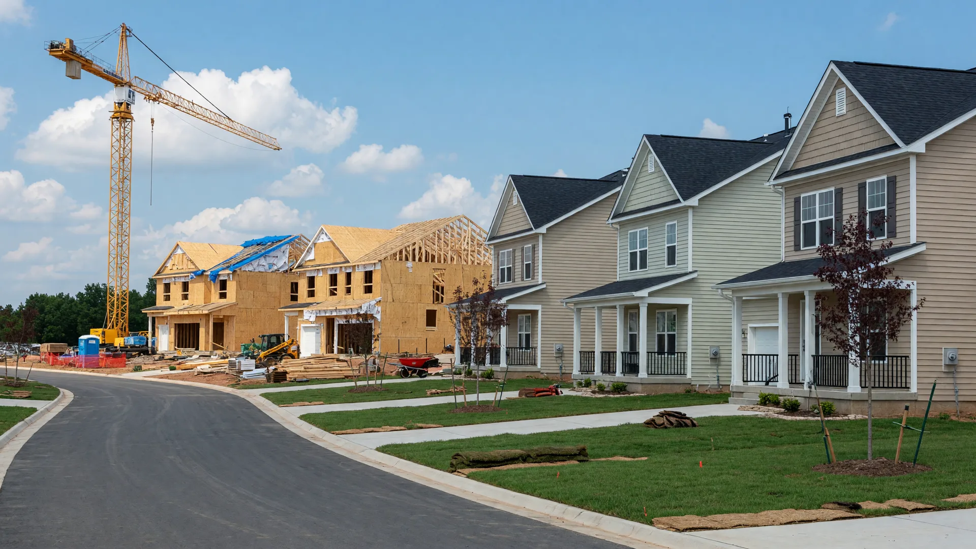 Hamstead Farms North Stafford Virginia brand-new construction homes with fresh siding, porches, and new lawns, with a home under construction in the distance