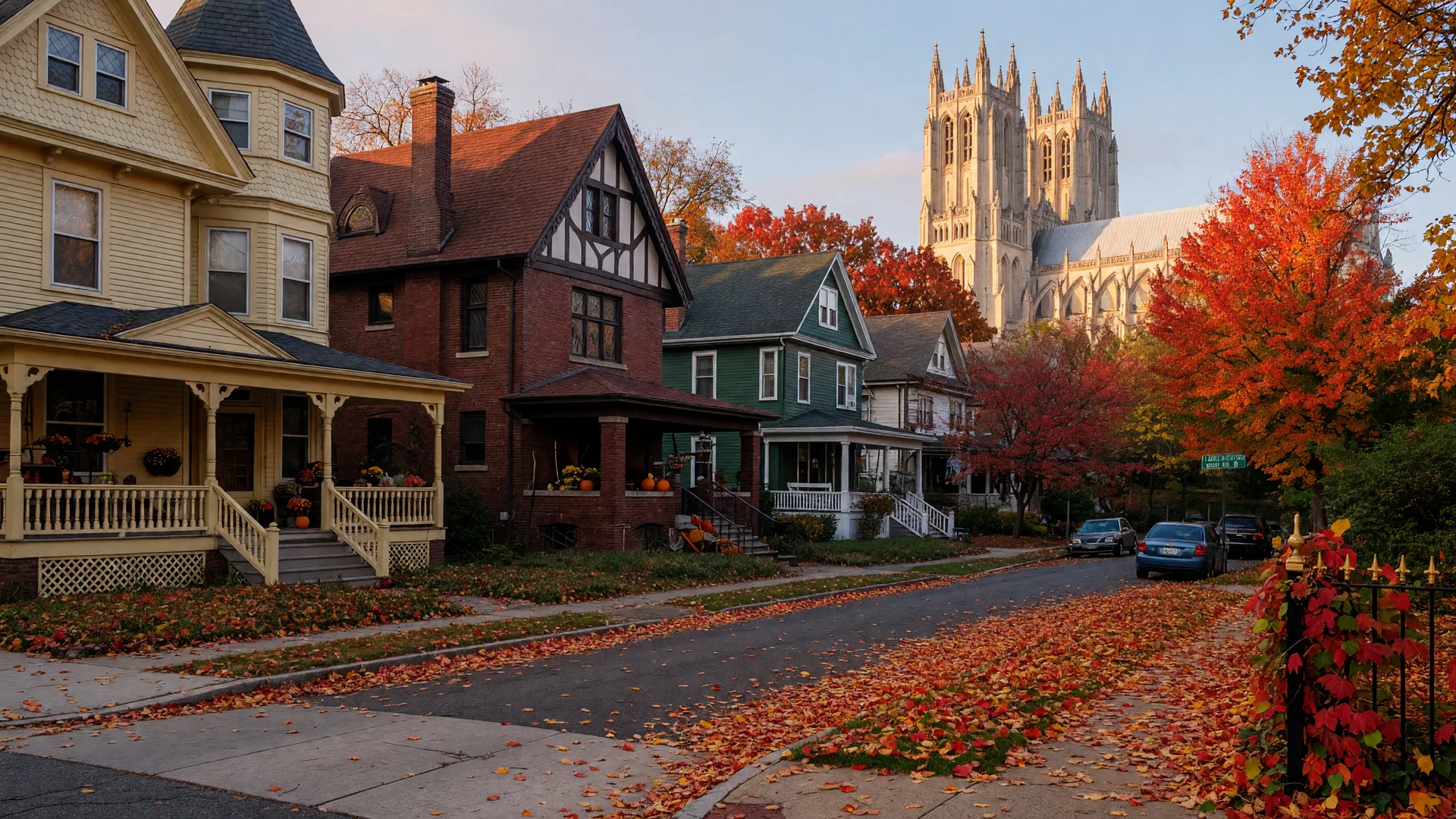 A leafy residential street in the Cleveland Park neighborhood of Washington, DC on a golden October morning, early-1900s Queen Anne and Tudor Revival homes with wraparound porches, autumn leaves on the sidewalk, and the Washington National Cathedral tower in the distance