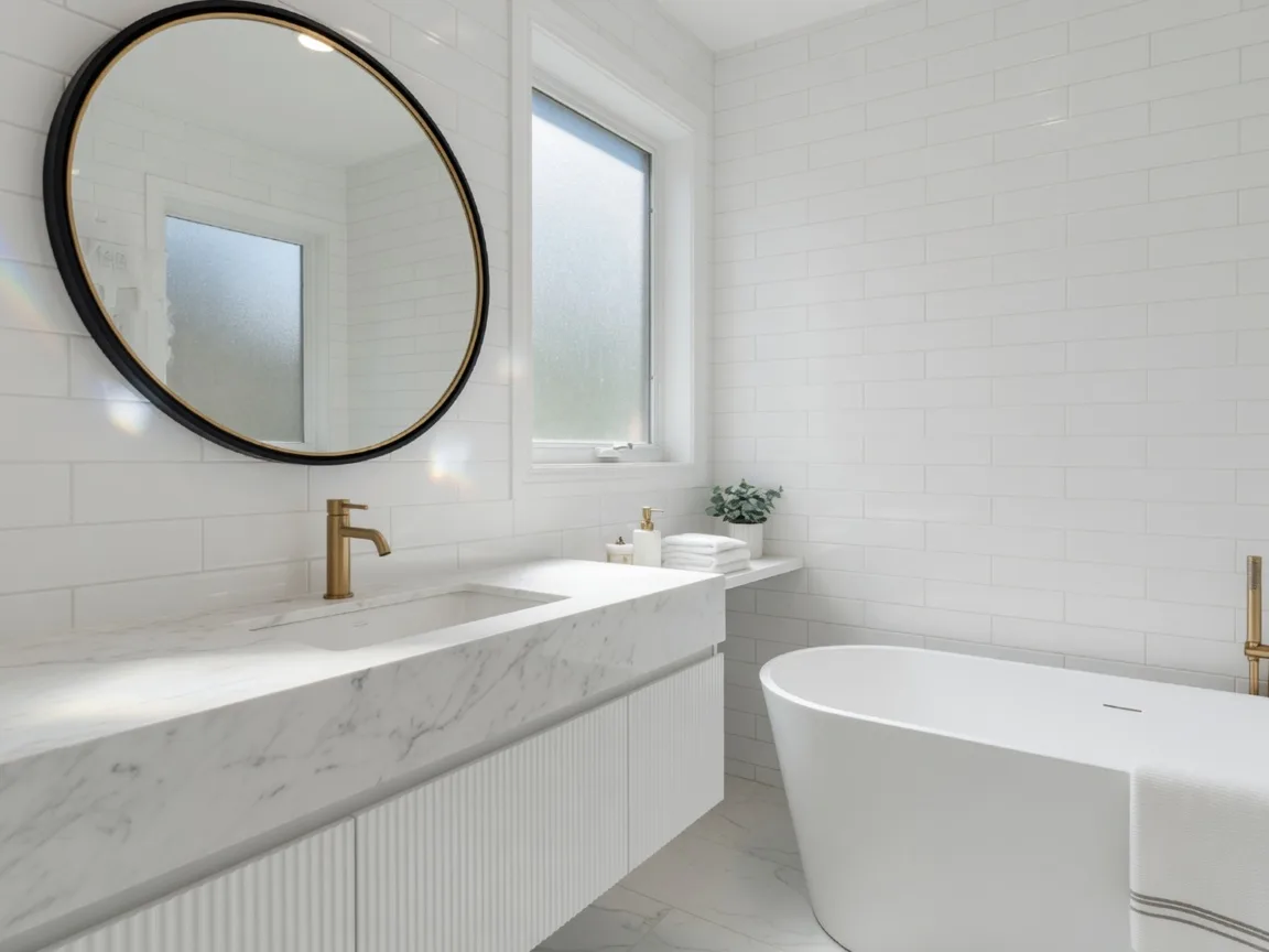 Modern bathroom renovation with marble vanity and gold fixtures adding value when selling a South Florida home