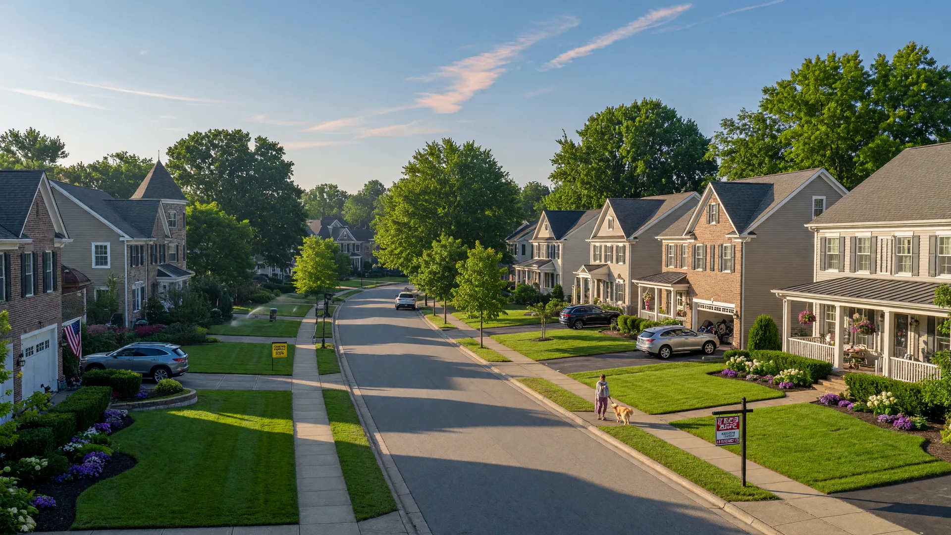 Residential street in Westlake, Ohio with upscale homes and mature trees on a sunny summer morning