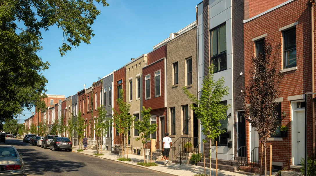 Colorful rowhomes and new construction on a sunny Point Breeze street