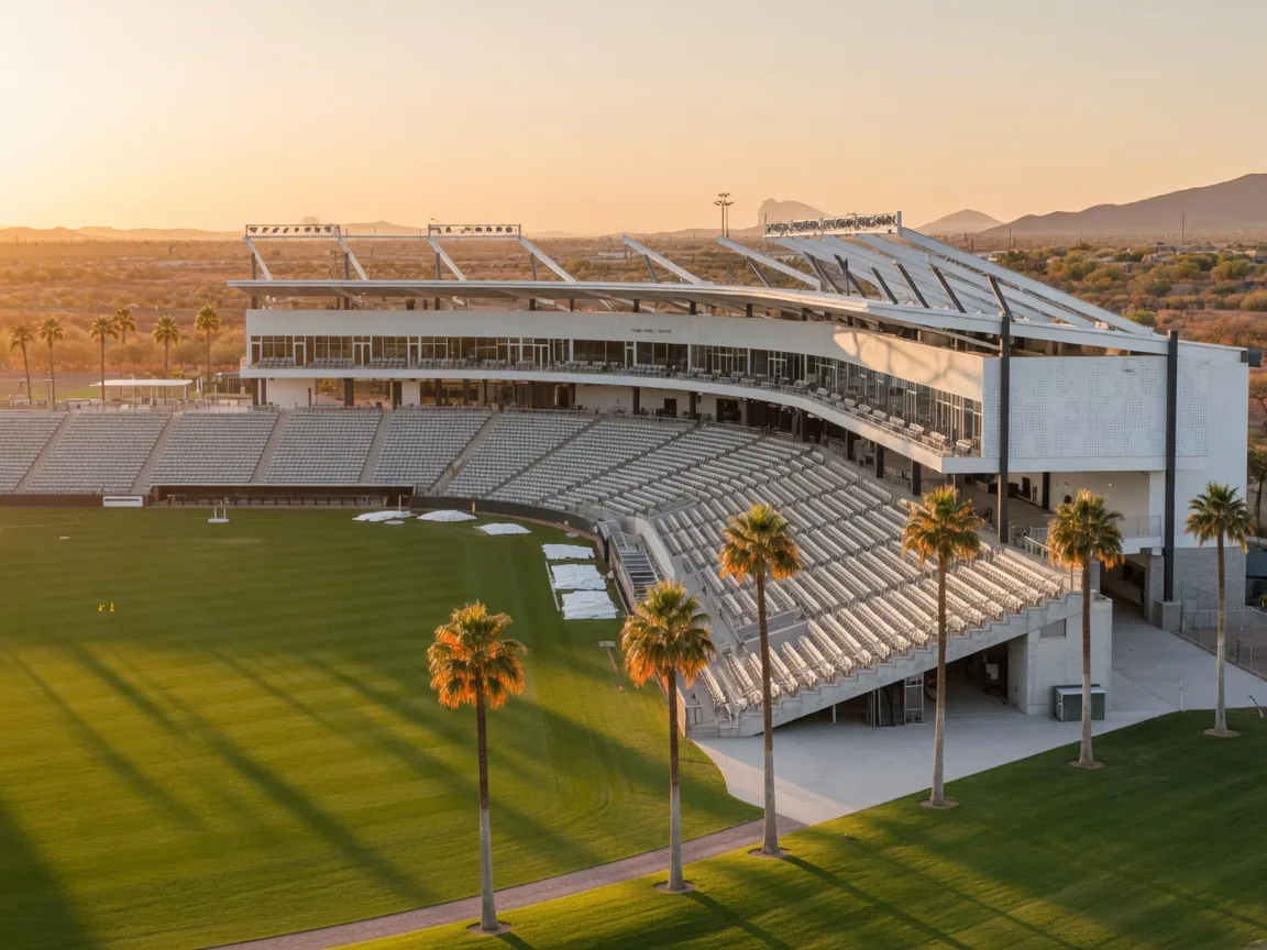 Surprise Stadium spring training ballpark at golden hour with palm trees and green practice fields