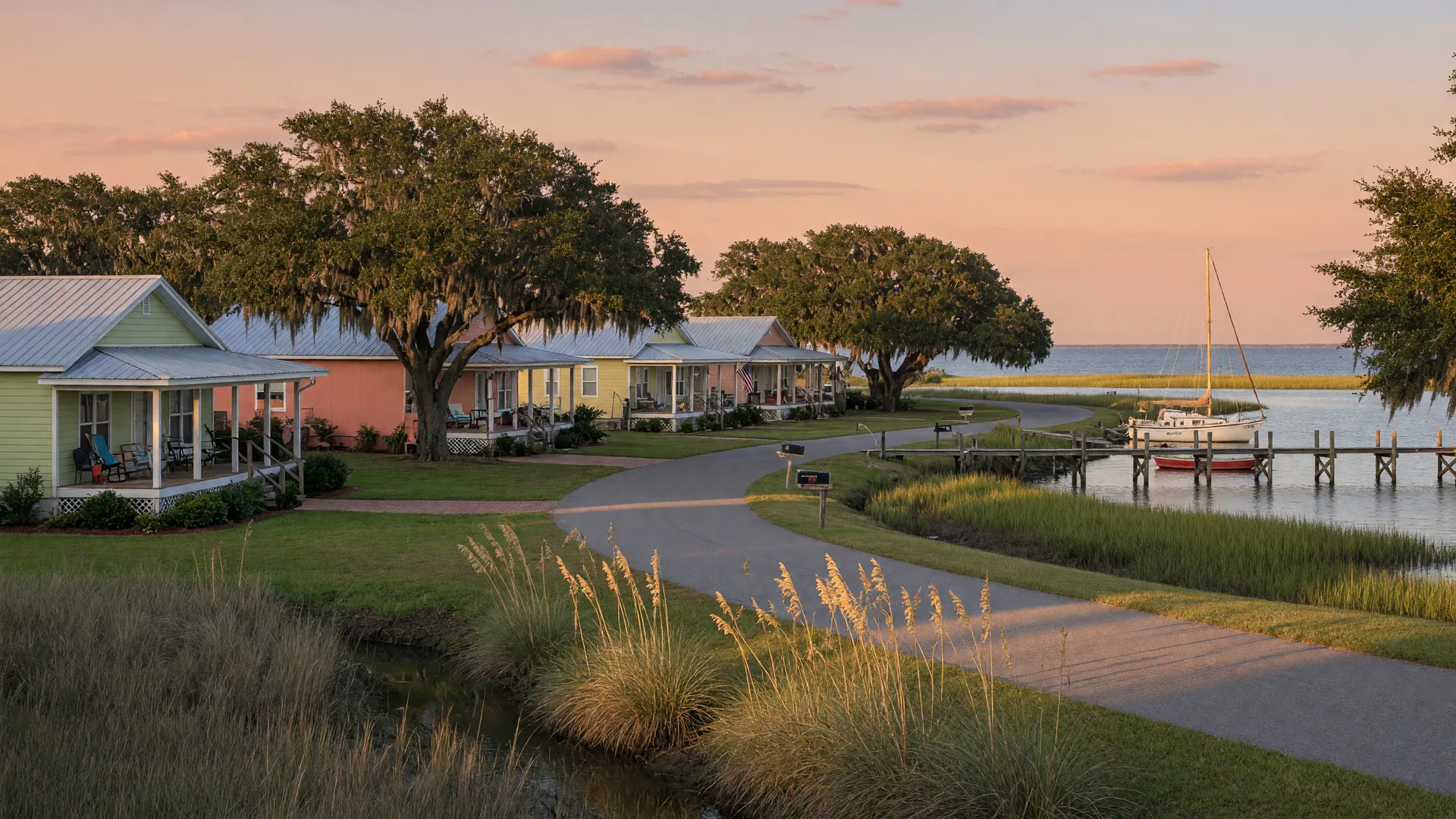 Quiet coastal retirement neighborhood near Orange Beach, Alabama at golden hour, with single-story Southern homes, live oaks, and a sailboat moored on a still bay