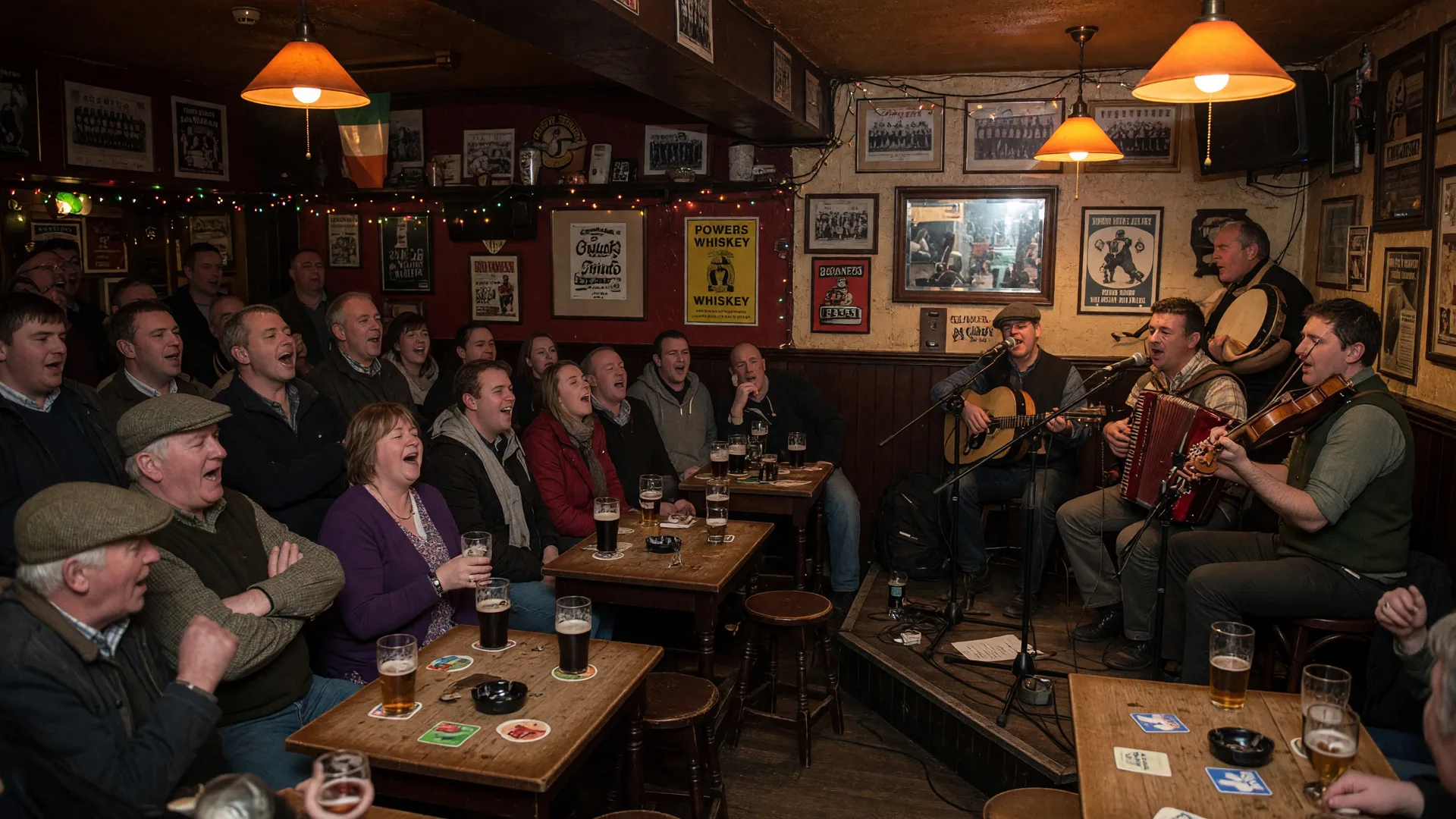 A live band performing inside a cozy historic pub with warm amber lights and a packed crowd