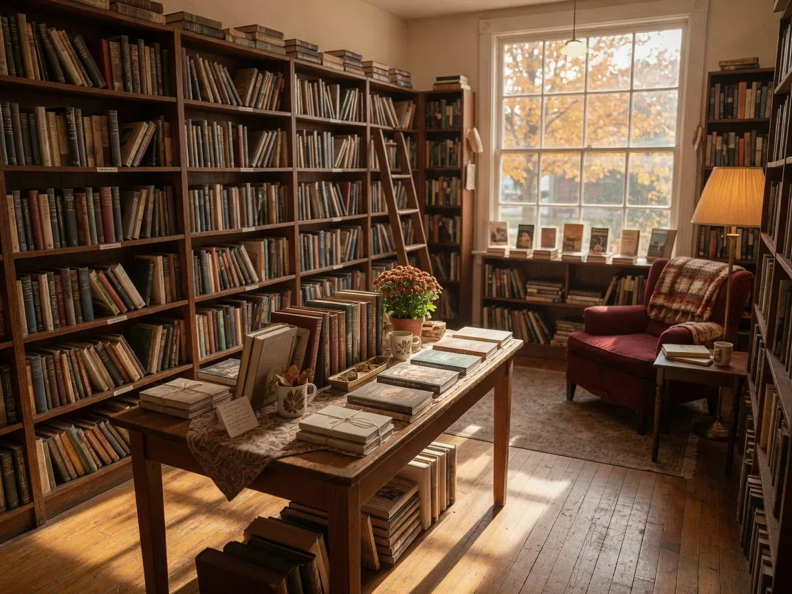 Inside a historic American bookstore with tall wooden bookshelves, a display table of hardcover titles, and a cozy reading corner in warm window light