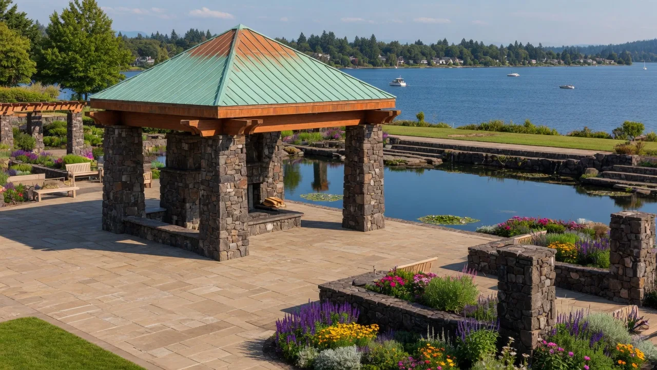 Millennium Plaza Park in Lake Oswego with stone pergola overlooking Lakewood Bay
