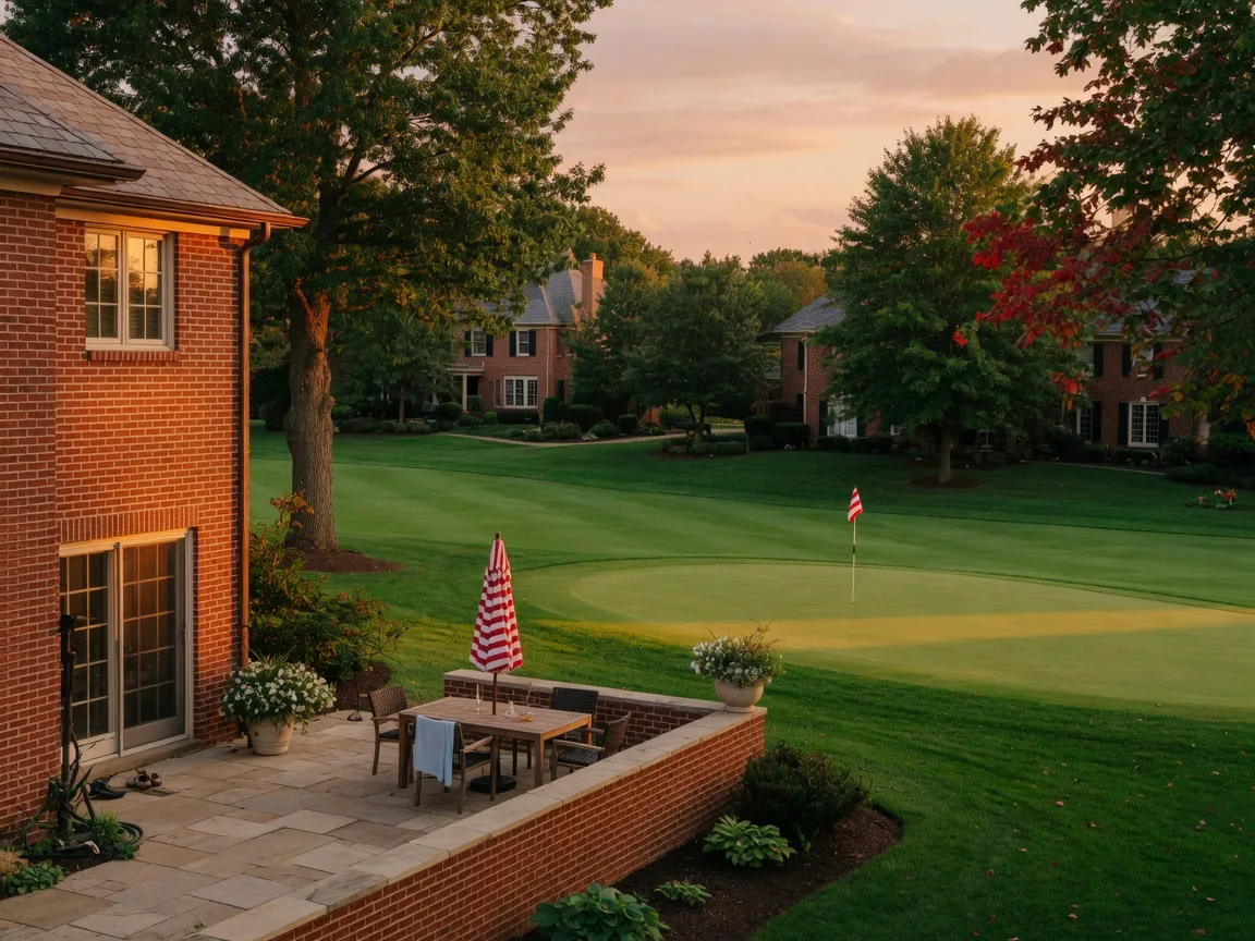 A brick home with a stone patio overlooking a golf course fairway at golden hour