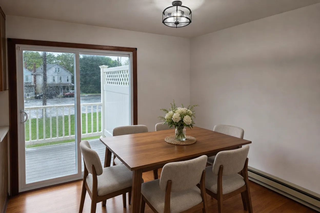 Kitchen virtually staged with dining table at 1118 Bernice Dr, Coplay PA