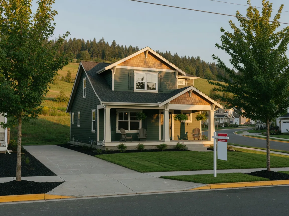 Brand-new craftsman-style home in a Pacific Northwest subdivision at golden hour