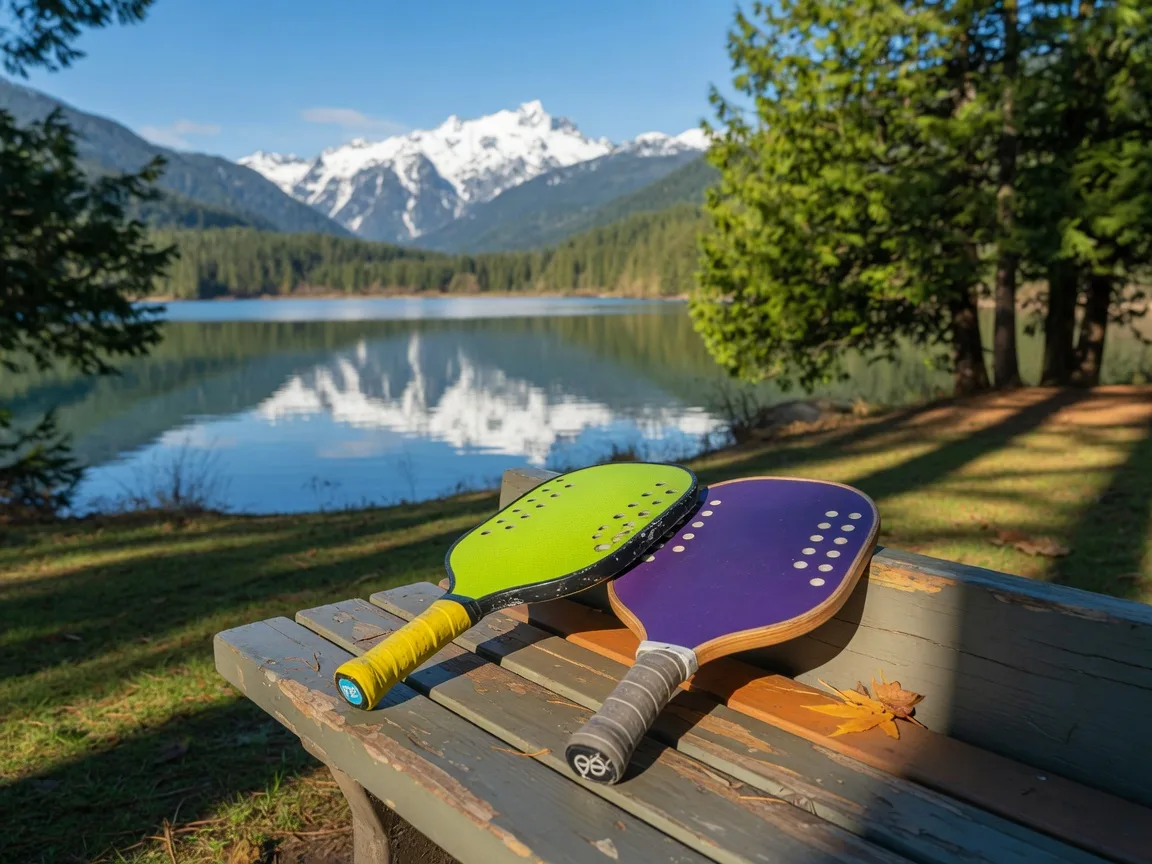 Pickleball paddles resting on a park bench with a scenic alpine lake view in the background