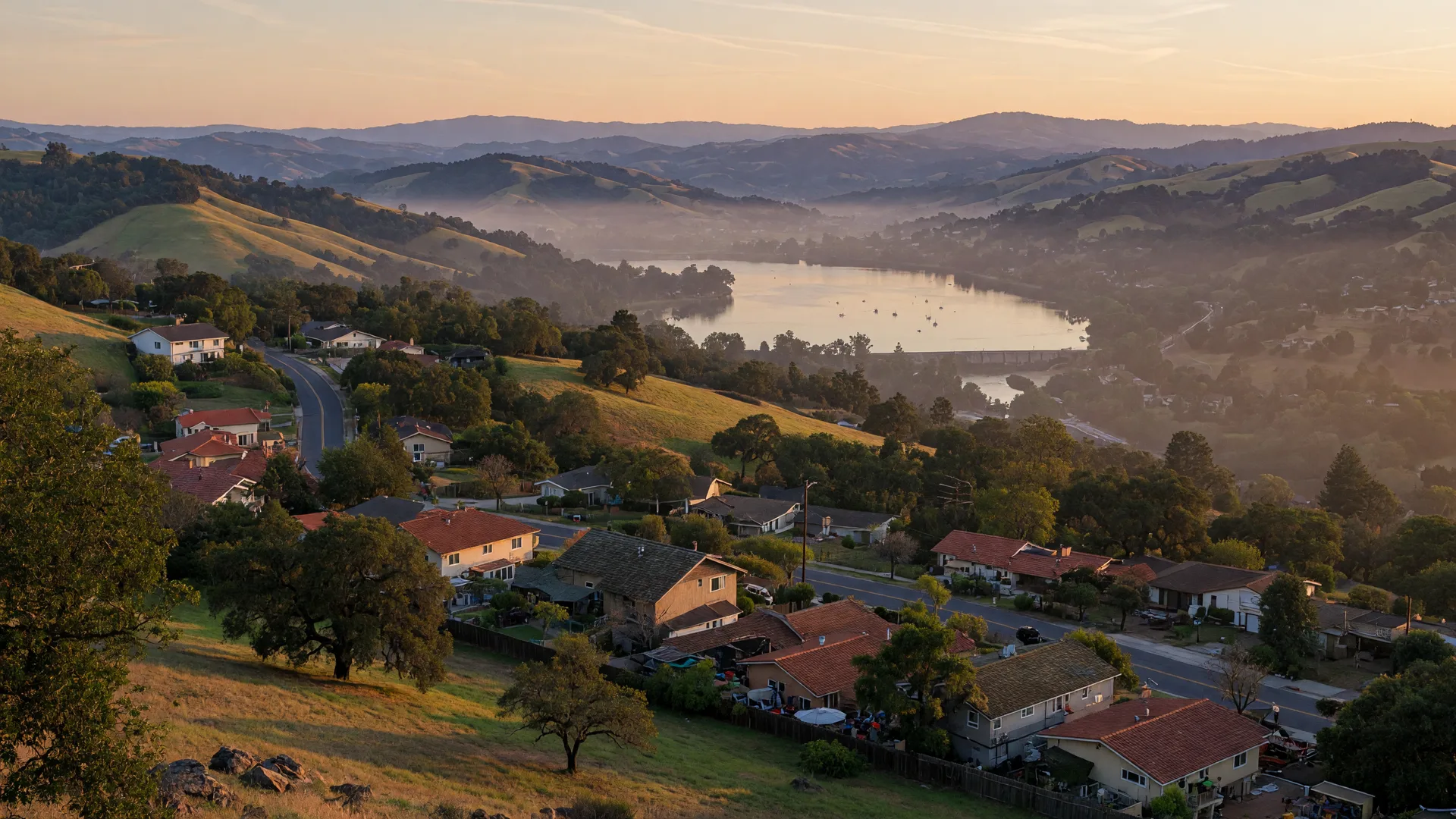 Castro Valley hills and homes at golden hour, seen from a hillside vantage