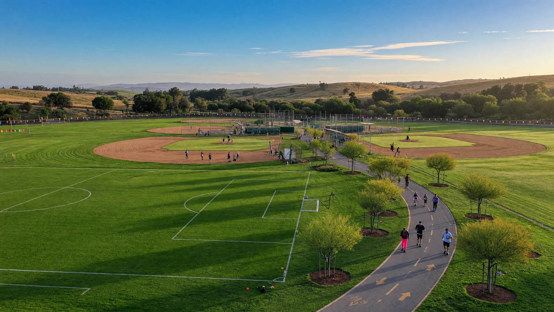 Multiple soccer fields with a baseball diamond and a paved trail at the Cimarron Ridge sports park in Menifee
