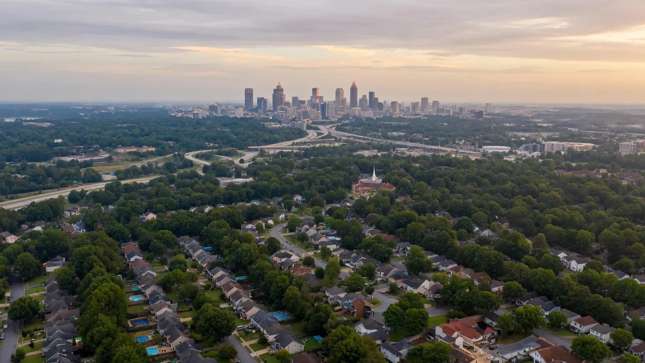 Aerial view of Metro Atlanta suburbs at dawn showing residential neighborhoods and distant skyline