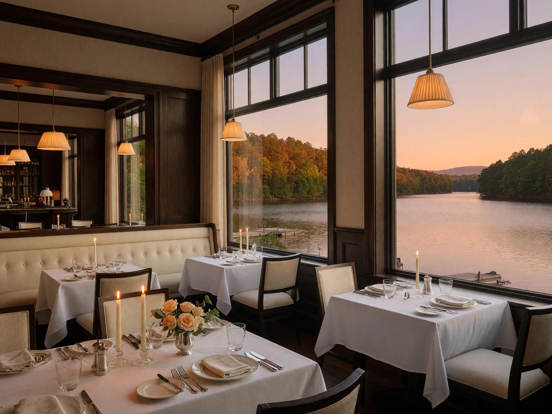 Sidney's Restaurant dining room at Legacy Lodge, Lanier Islands Resort in Buford Georgia, an elegant lakeside fine dining room with white tablecloths and floor-to-ceiling windows over Lake Lanier