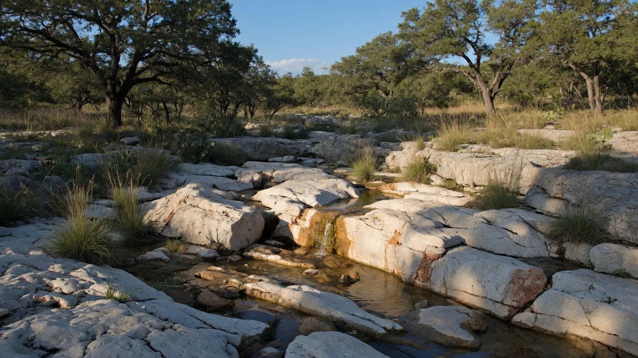 Fractured limestone bedrock in the Edwards Aquifer recharge zone of the Texas Hill Country, with live oaks and native grasses under a clear blue sky