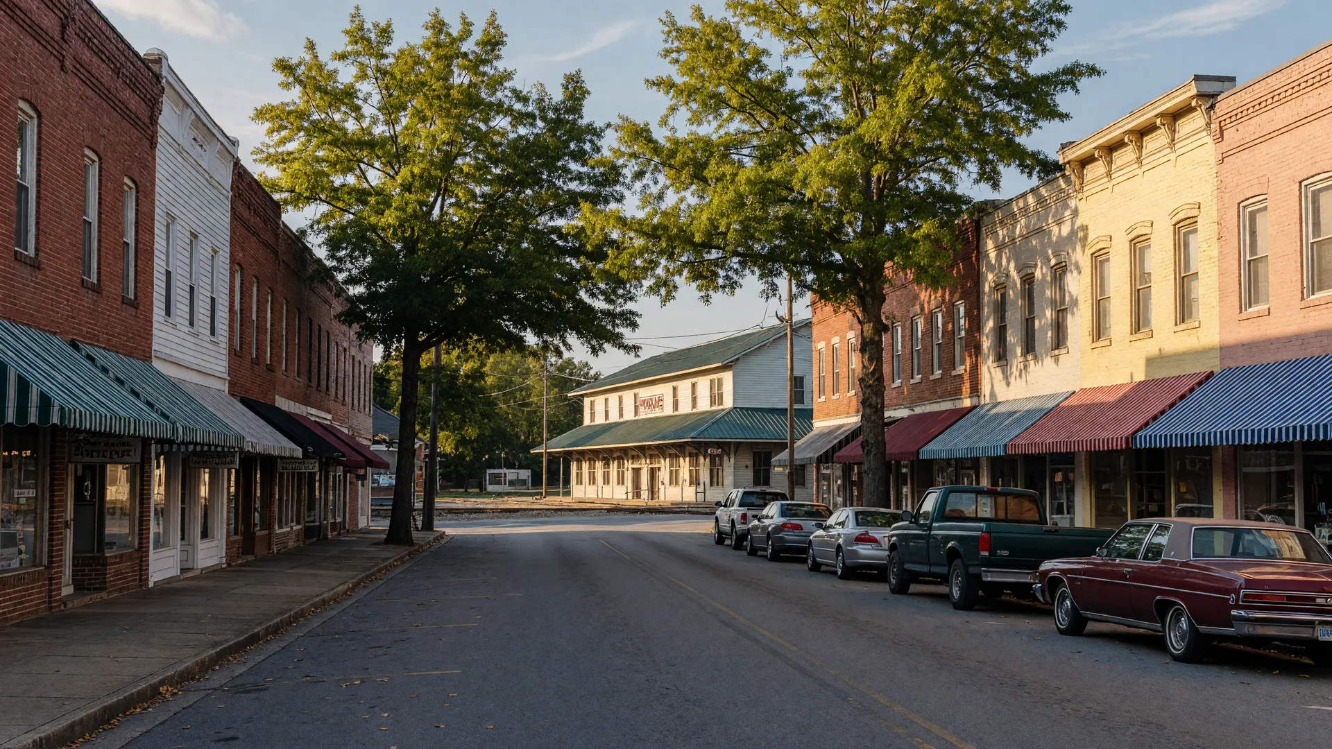 Historic Main Street storefronts and railroad depot in downtown Waxhaw, North Carolina at golden hour