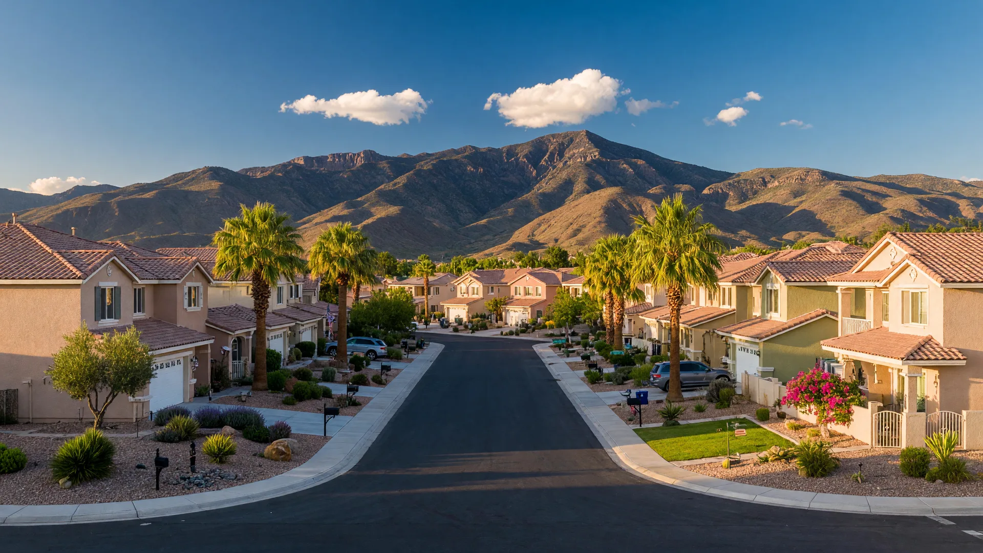 Aerial view of Henderson, Nevada with modern homes, palm trees, and mountains under a bright summer sky