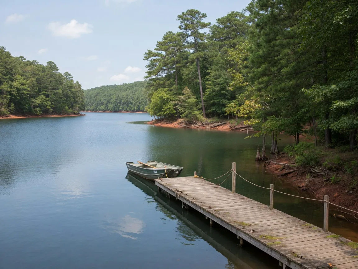 A quiet, tree-lined Lake Hartwell cove with a weathered wooden dock and a moored boat near Lavonia