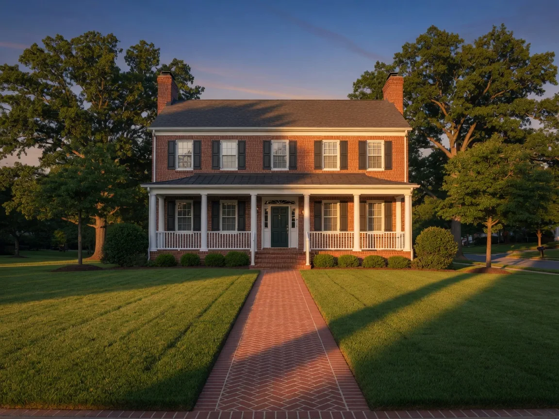 A classic brick colonial home with a manicured lawn in warm evening light
