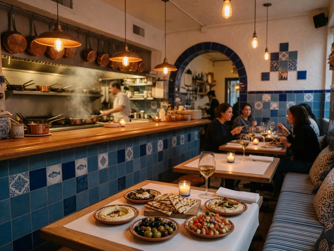 Warm interior of Agora DC in Dupont Circle, Washington DC with whitewashed walls, deep sea-blue tile accents, a long wooden bar, amber pendant lights, and a table spread with Mediterranean mezze plates of hummus, olives, and grilled bread