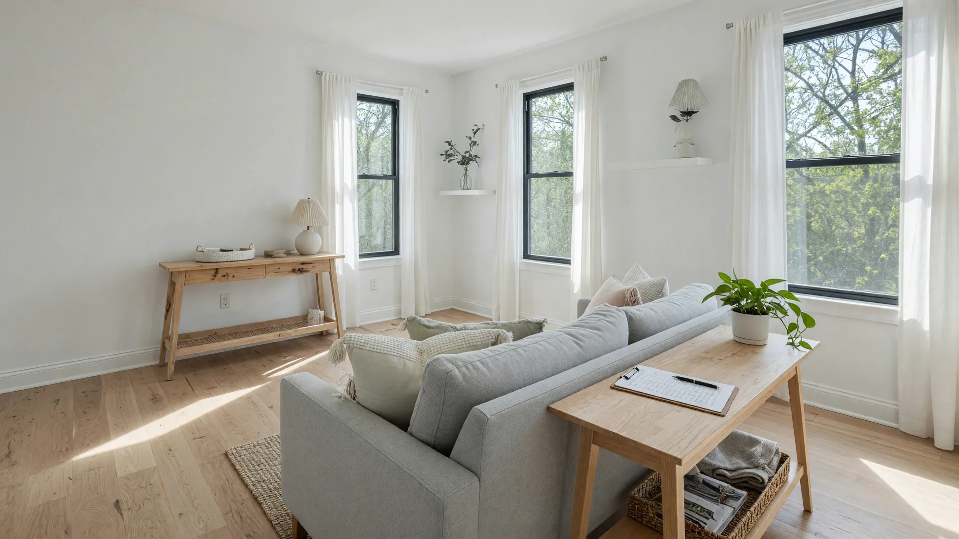 Bright modern living room in a South Jersey home with a rolled home tour checklist resting on a console table