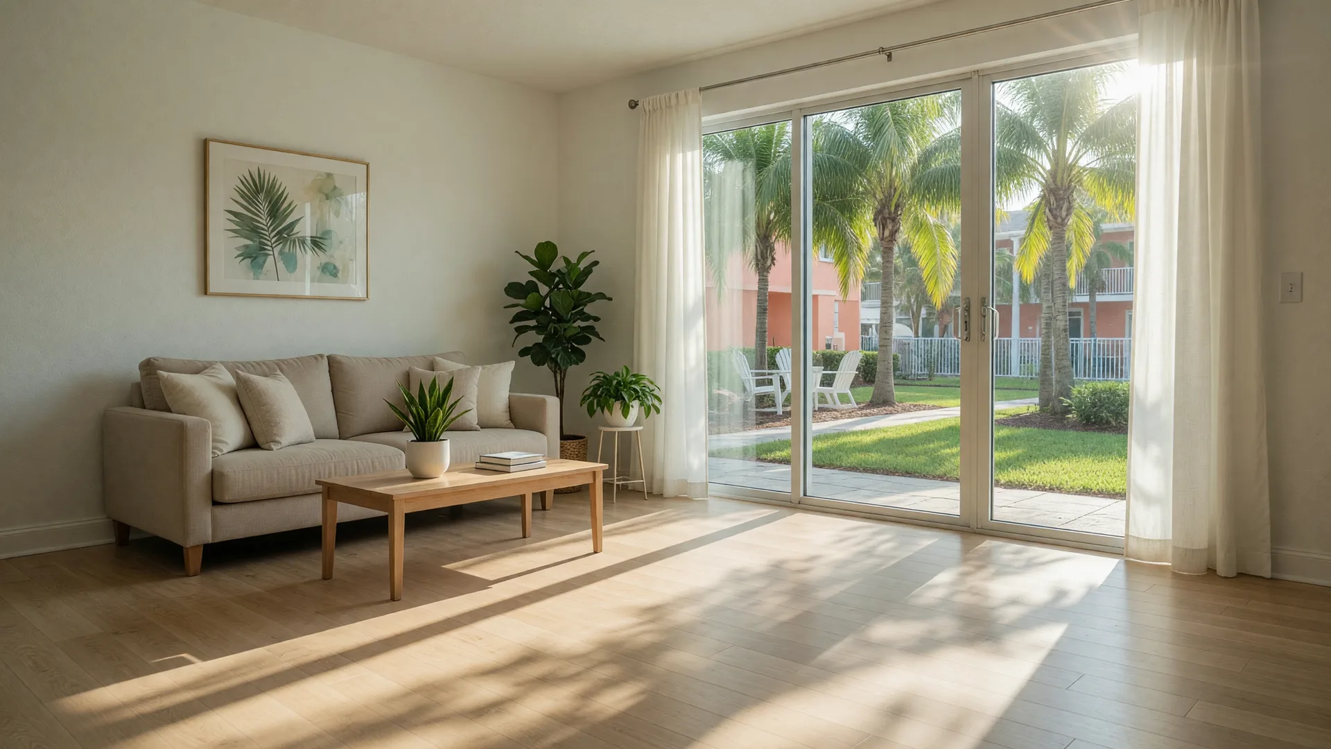 A bright, freshly decluttered living room in a right-sized Florida home