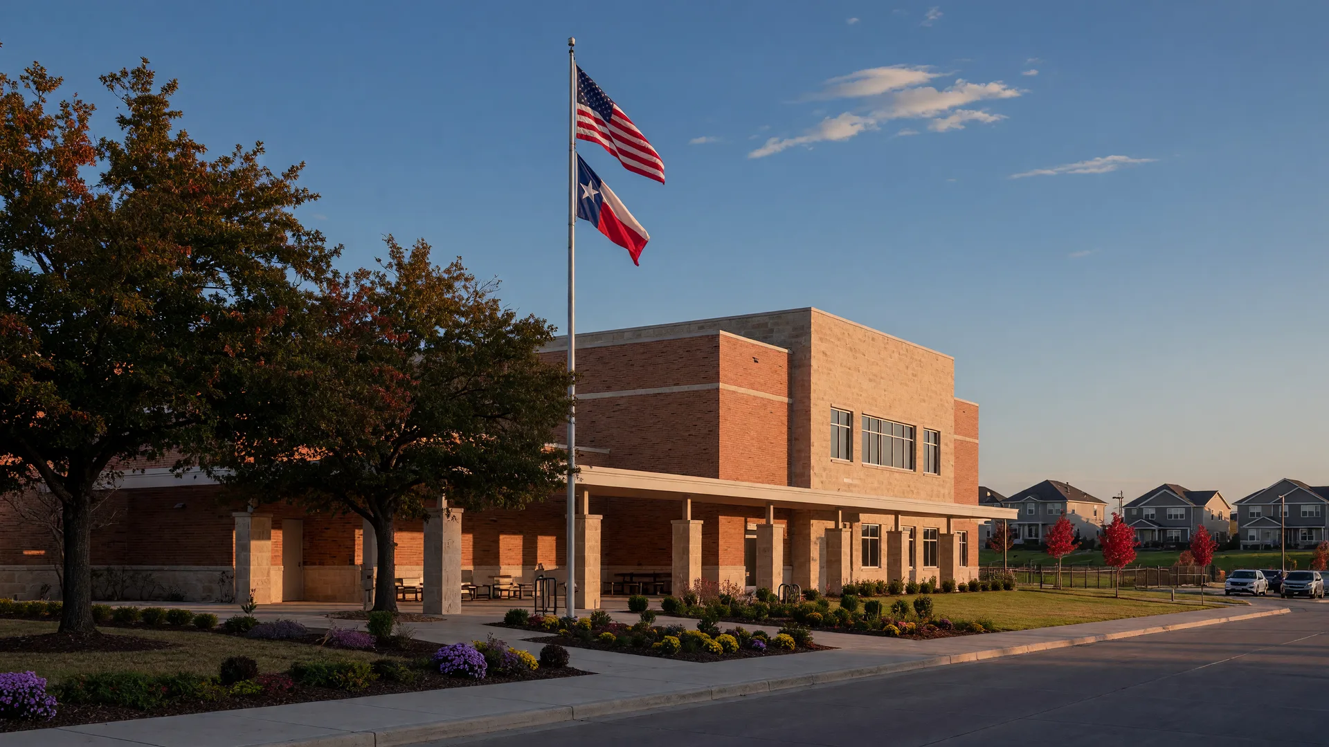 A modern North Texas public school campus on a clear autumn morning, with new homes in the distance