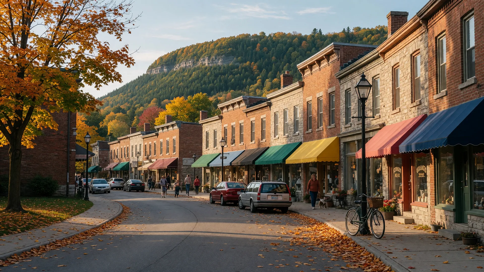 Golden-hour view of Ancaster's historic Wilson Street village core with century brick storefronts, café awnings, and autumn maples beneath the Niagara Escarpment