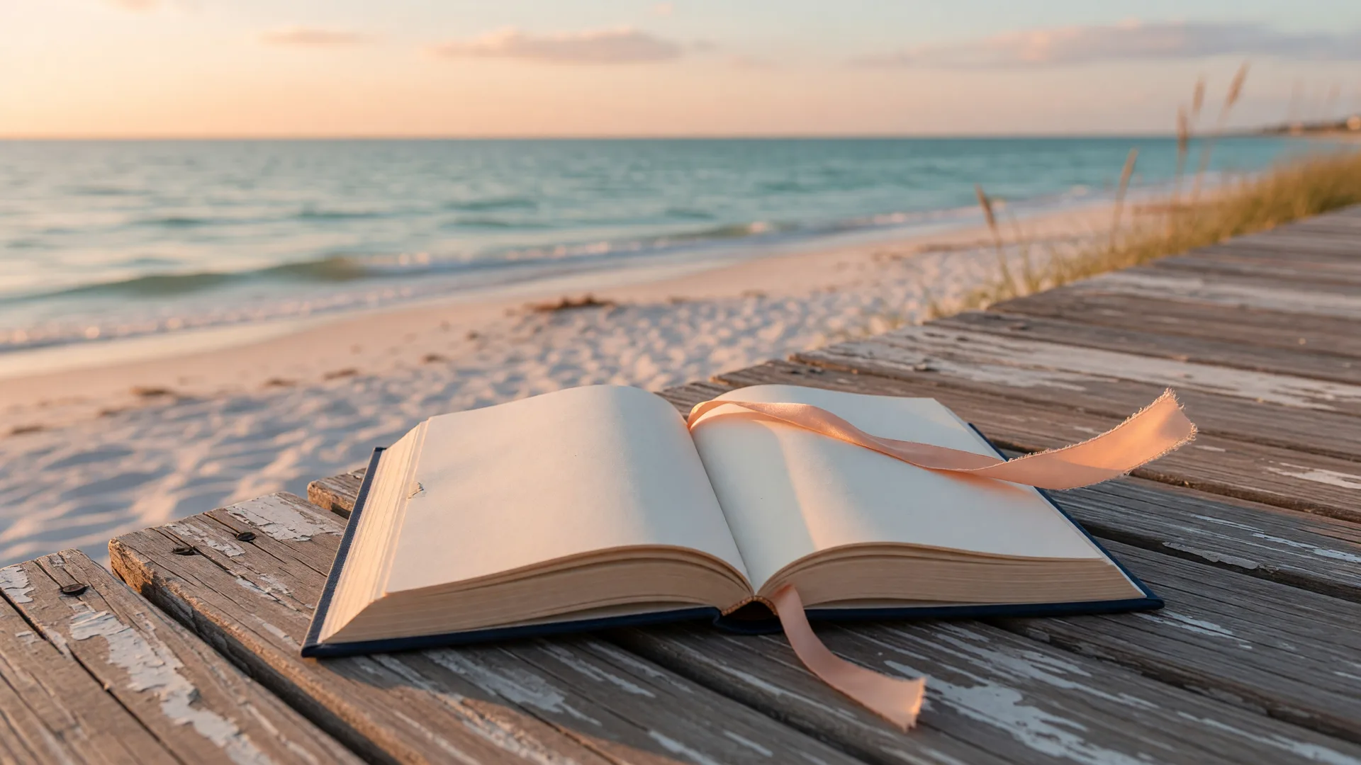 An open hardbound book on a sun-bleached wooden boardwalk overlooking white sand and turquoise Gulf waters at golden hour