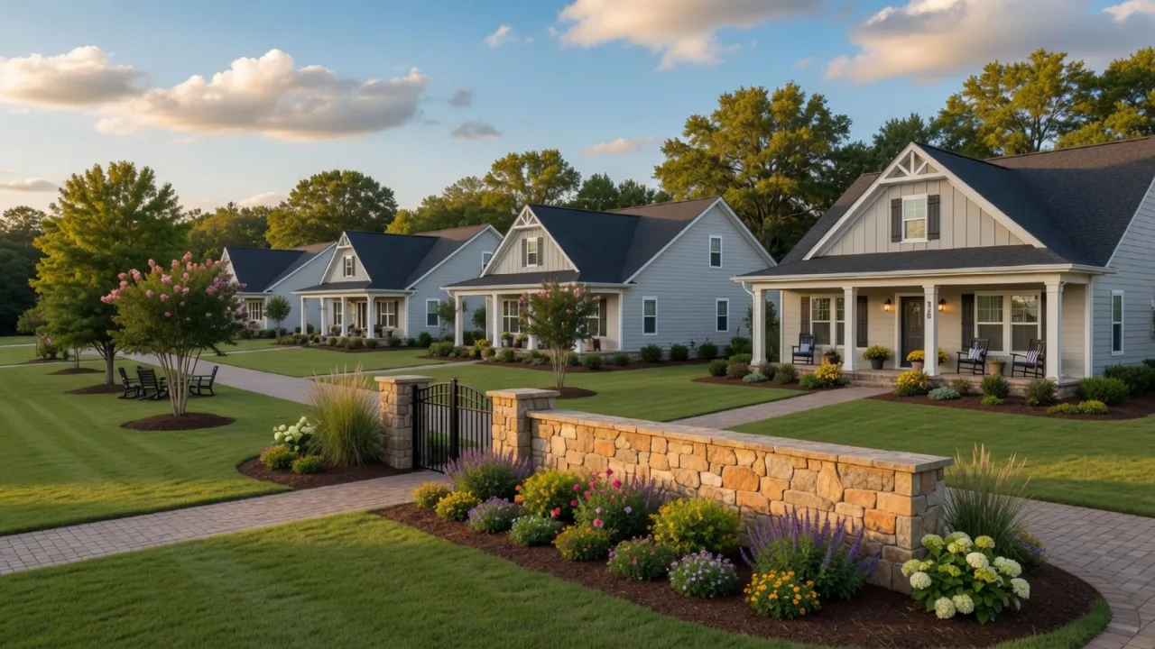 Inviting entrance to a new 55+ active adult community in Virginia with beautifully landscaped grounds and villa homes