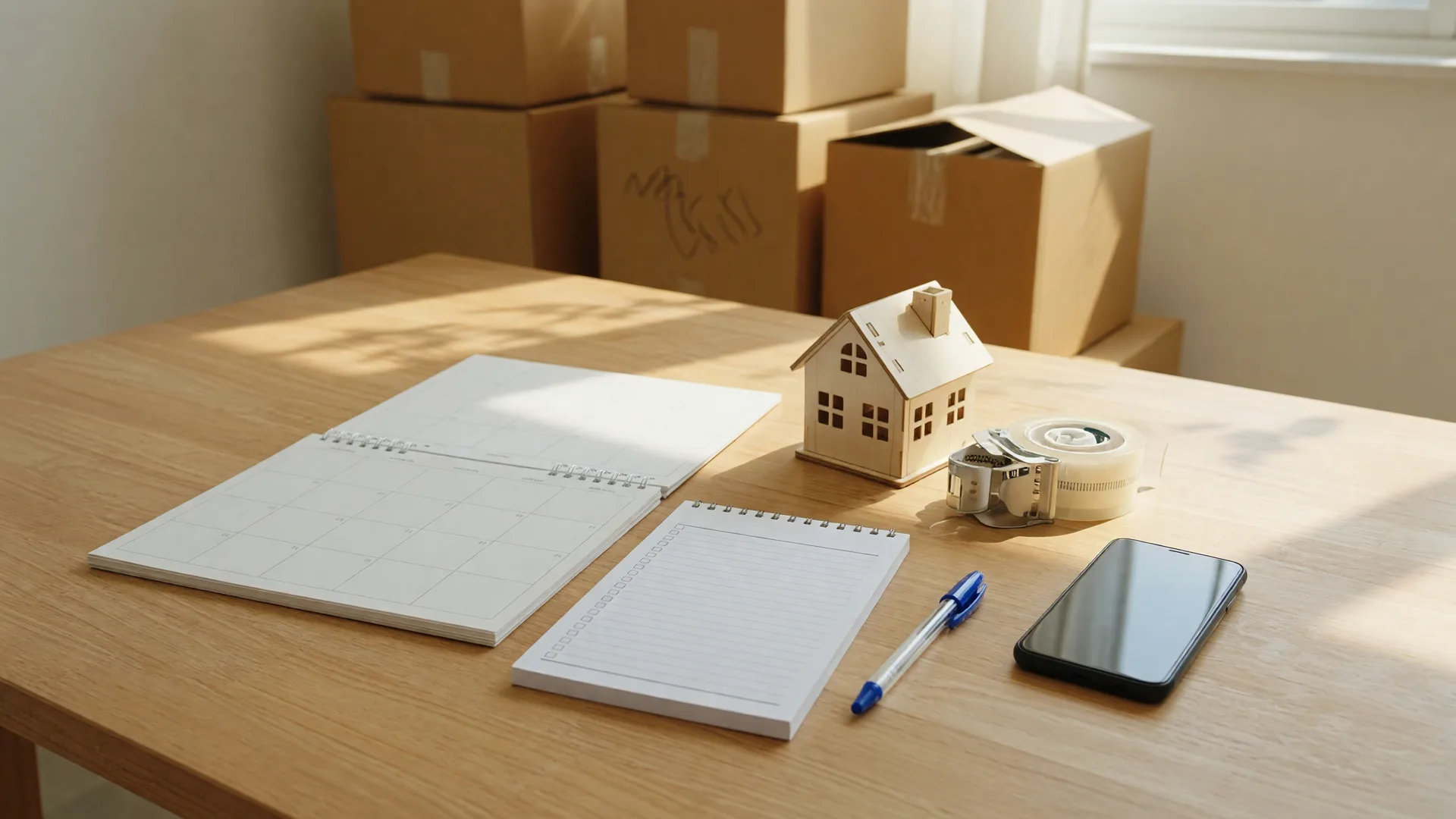 A bright, sunlit dining table in a family home where a senior move is being planned, with a desk calendar, a blank checklist pad, a smartphone, a small wooden model house, and tidy cardboard boxes