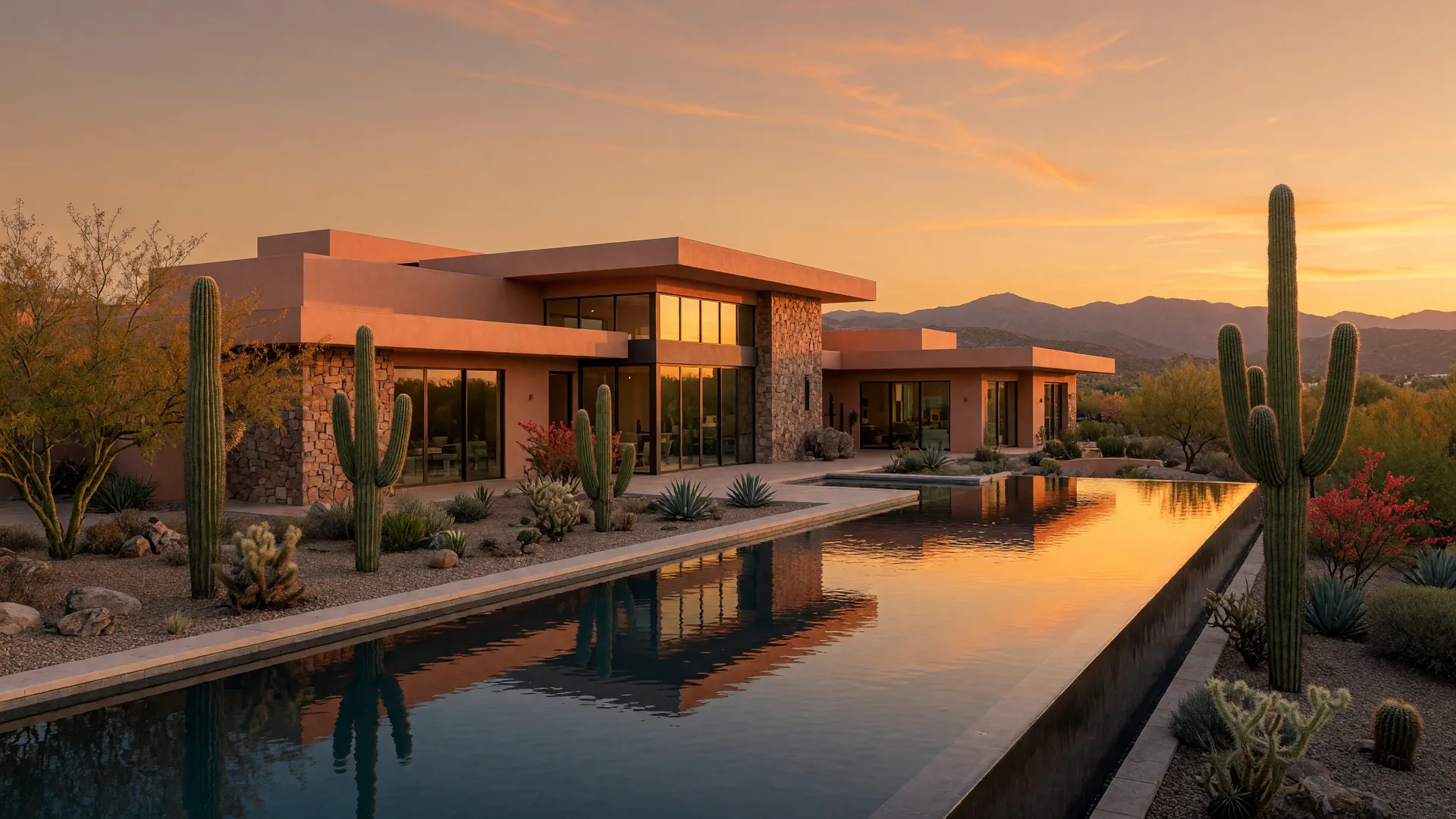 Modern luxury desert estate in Metro Phoenix at golden hour with an infinity pool and mountain views