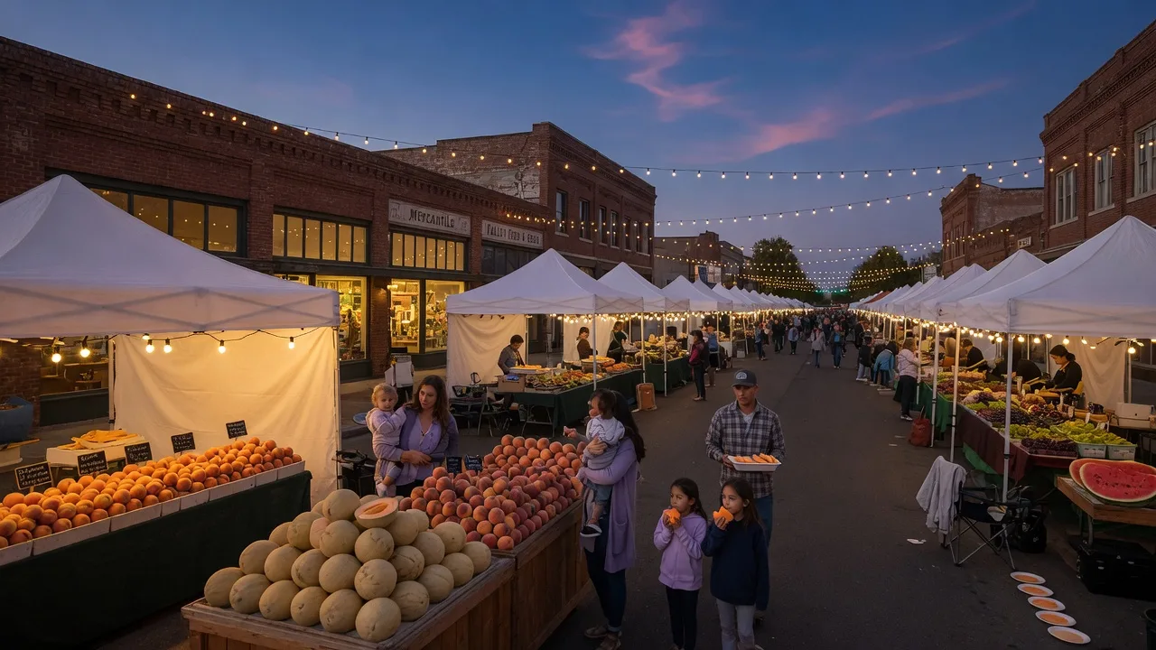 A small-town Central Valley street festival at dusk in late September, white vendor tents and food booths lining a downtown main street, warm string lights strung between historic brick storefronts, and families strolling past melon and produce stands
