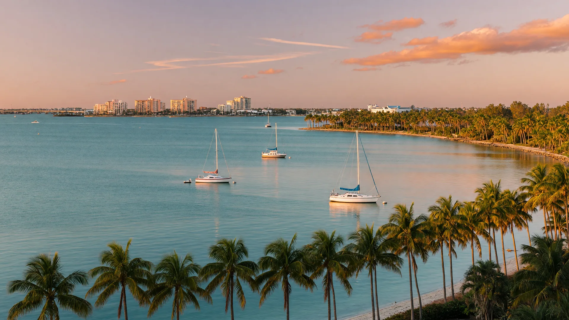 Sarasota Bay in early winter at golden hour, warm low sun across calm turquoise water with sailboats at anchor, palm-lined shoreline, and the Sarasota skyline soft in the distance
