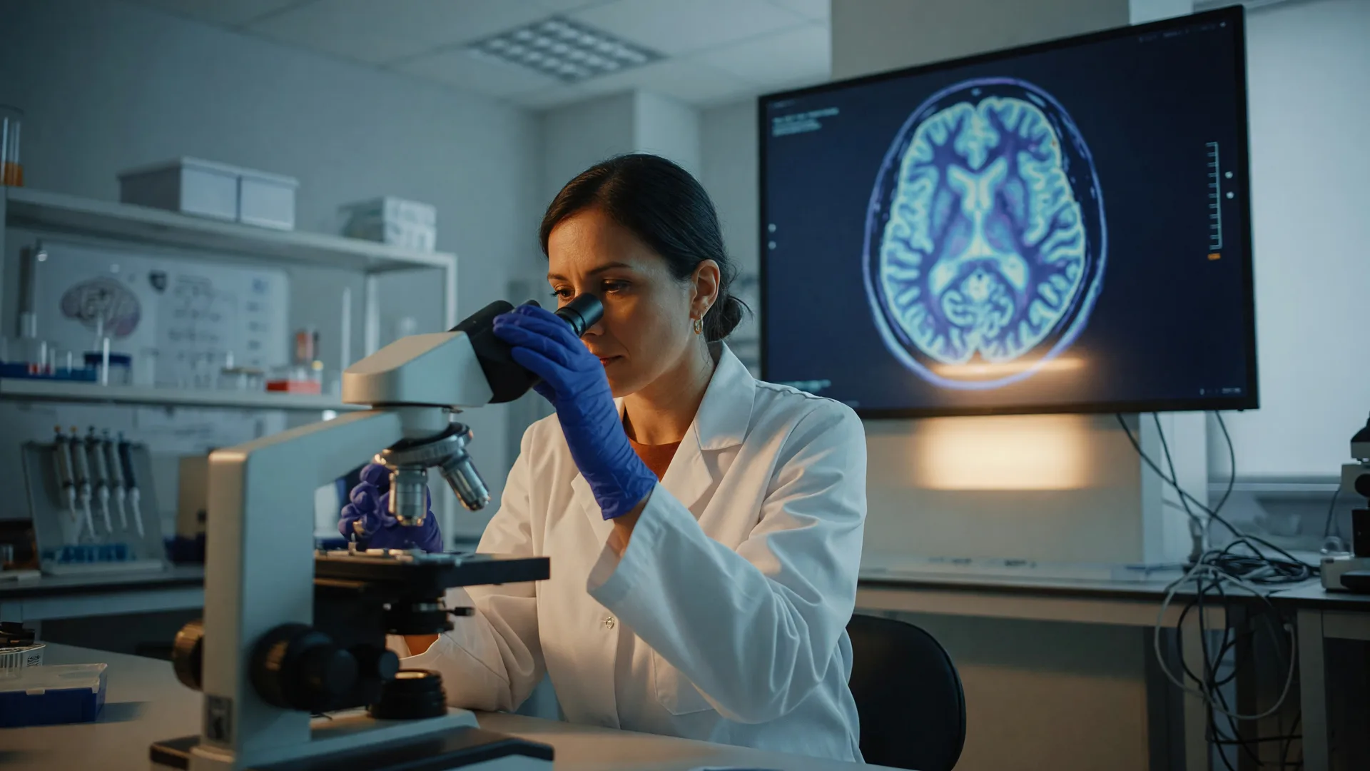 A researcher in a white lab coat adjusting a laboratory microscope while a softly glowing brain scan sits on a monitor behind, in a calm clinical research setting