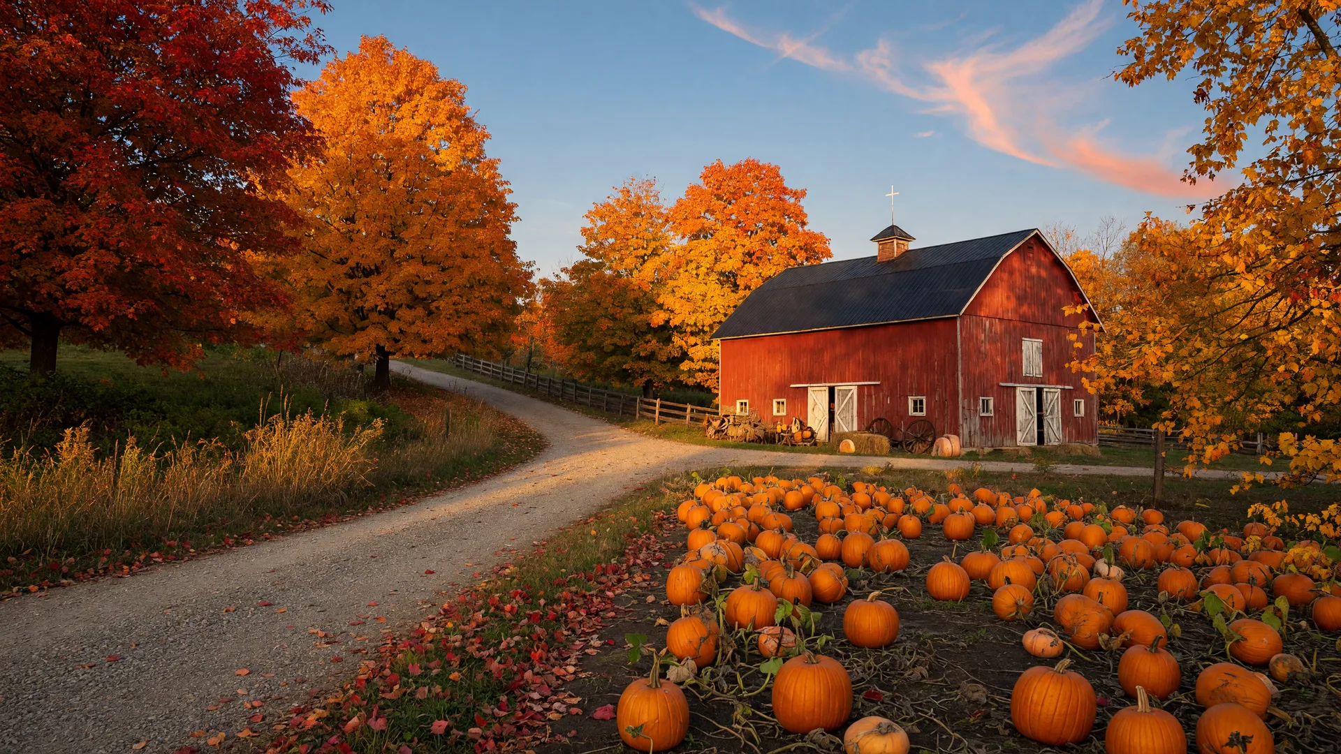A red barn with a pumpkin patch at golden hour, peak autumn maples and oaks in fiery orange and gold along a winding gravel lane