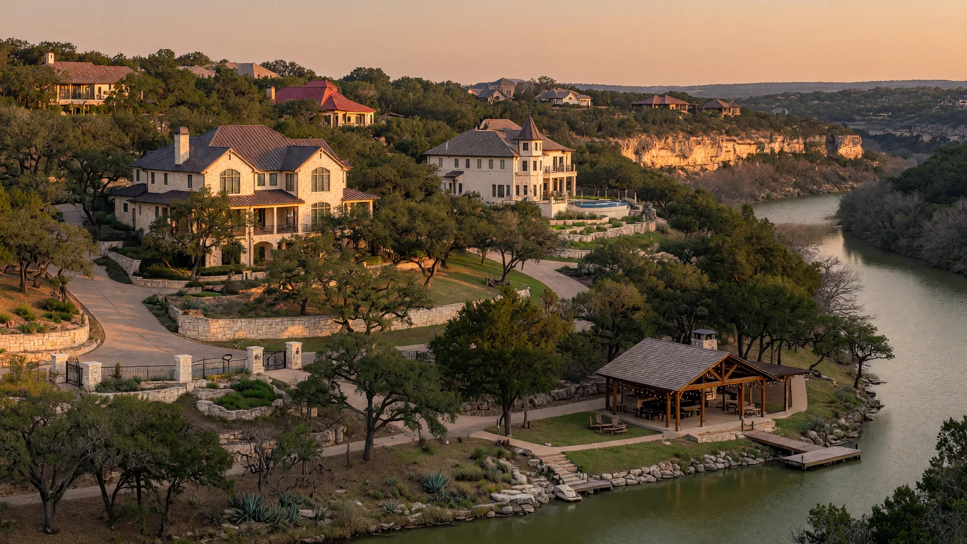 Waterstone gated custom-home community in the Texas Hill Country near Boerne with large estate homes on wooded lots overlooking the Guadalupe River valley