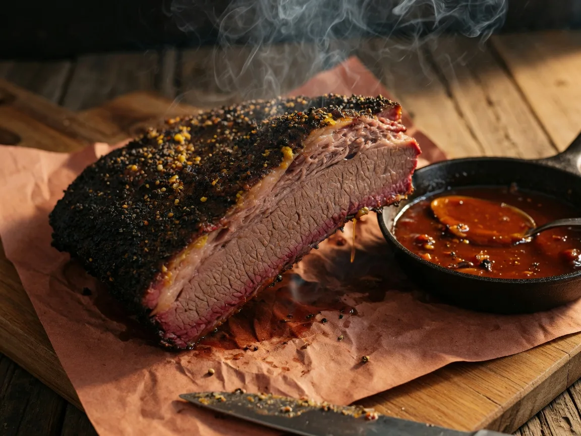 A thick slice of smoked brisket with a dark peppery bark lifted from a butcher-paper cutting board