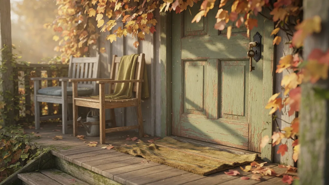 A key in a wooden front door with autumn leaves, symbolizing a fresh start